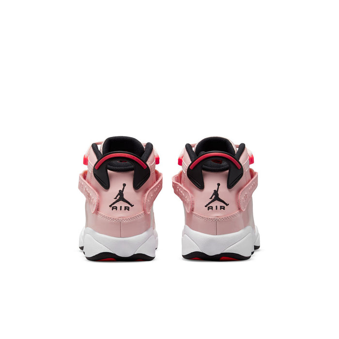 Youth pink high-top sneakers, heel view, with Air logo and black collar trim