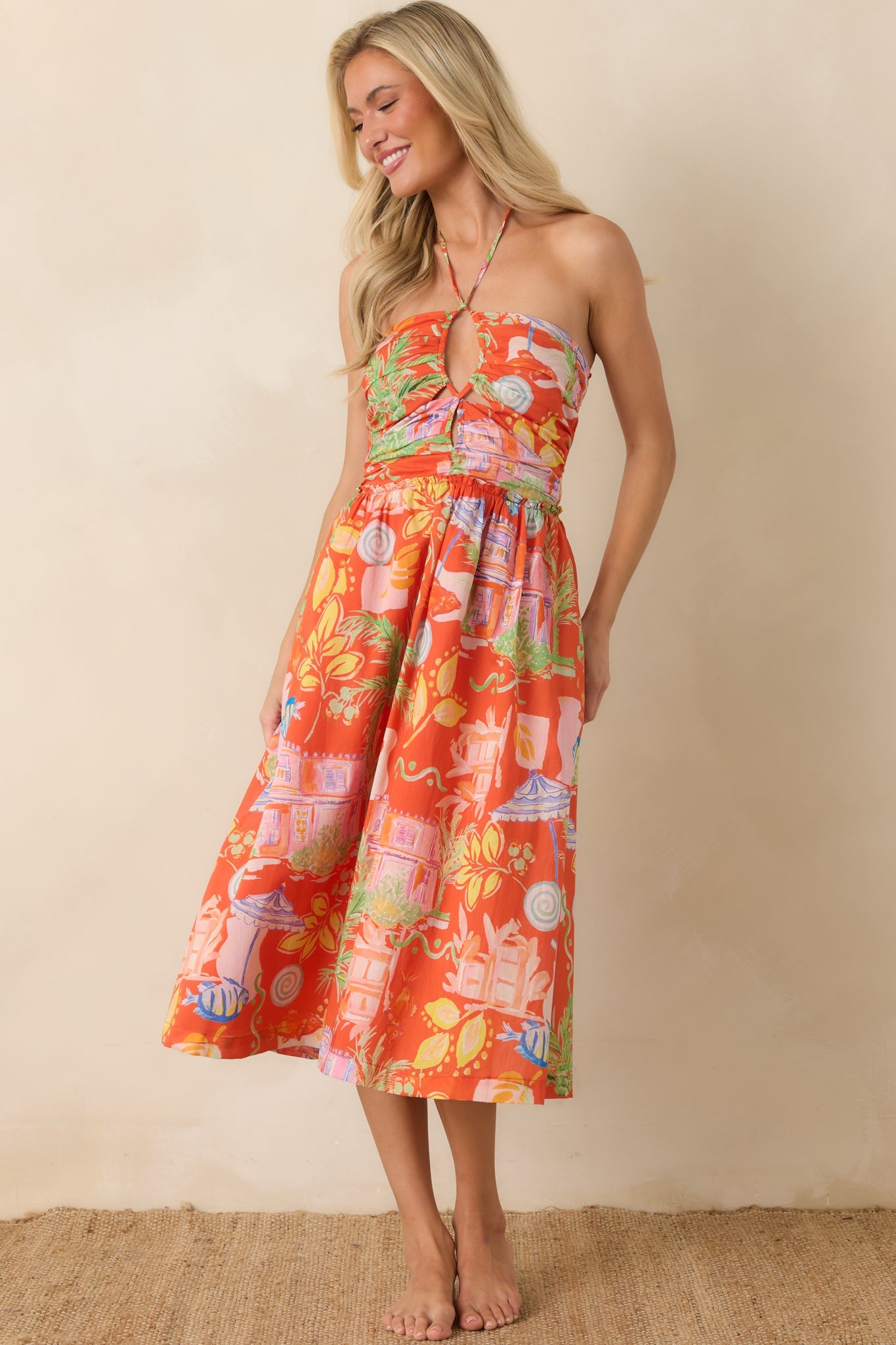 Paradisa Fernandina Orange Multi Cotton Tropical Print Midi Dress