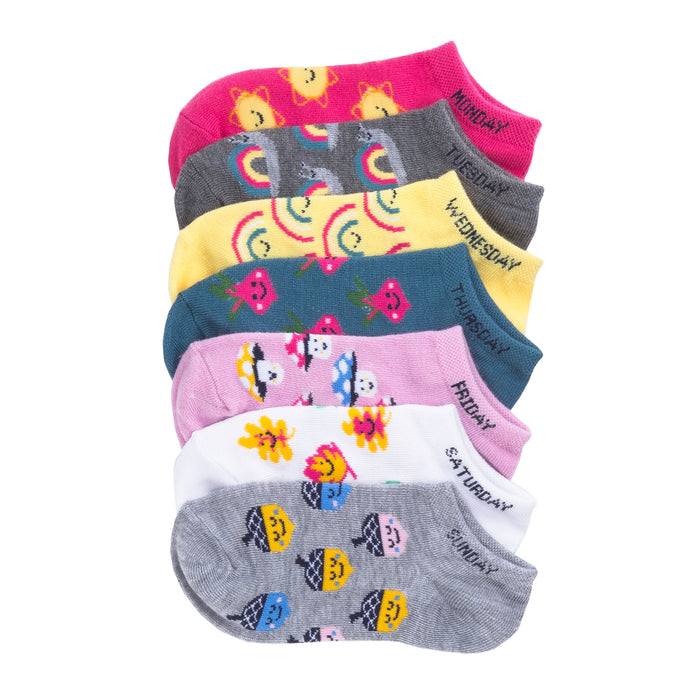 7-pack low-cut socks in bright multi-color with day-of-week icons and text