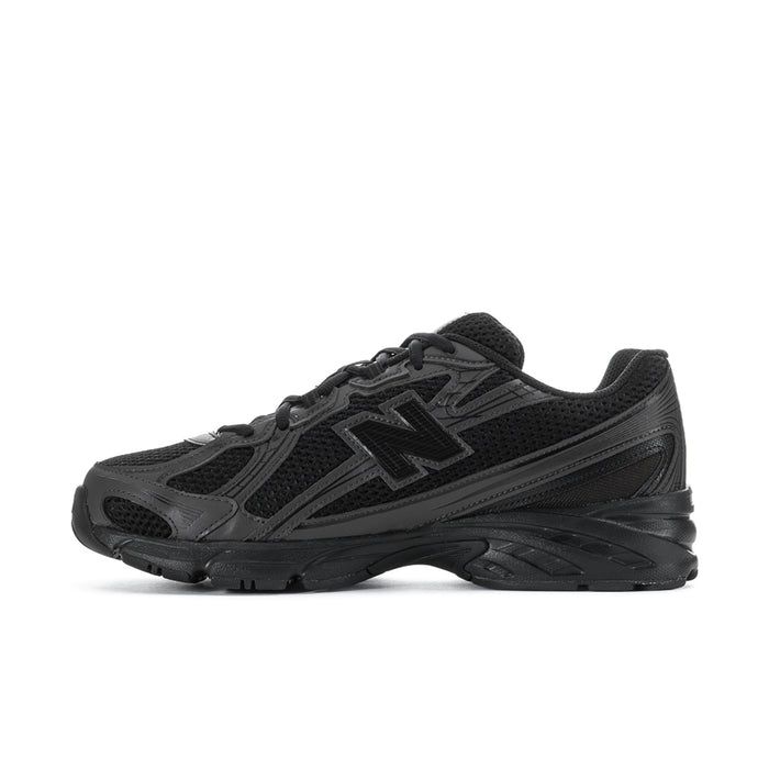 Men's New Balance lace-up running shoe side profile, black with gray trim