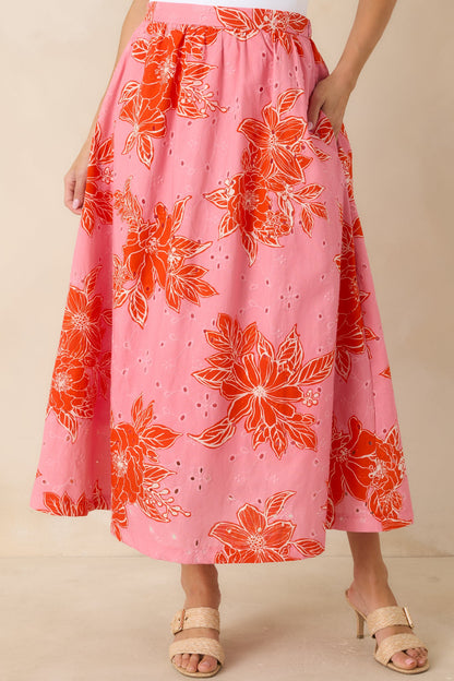 Just One of Those Days Pink & Red Floral Cotton Maxi Skirt