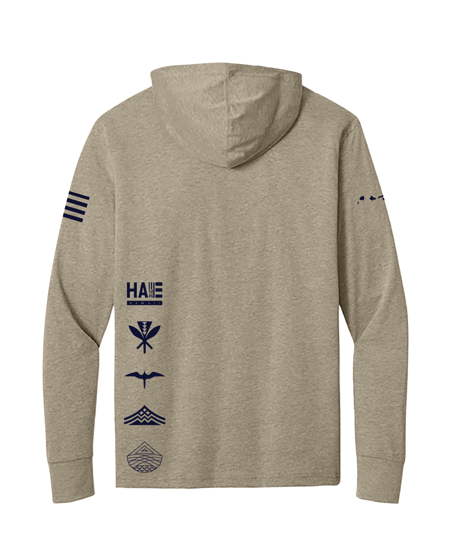 Aloha Aina Cotton Blend Hooded Long Sleeve Navy on Heathered Tan