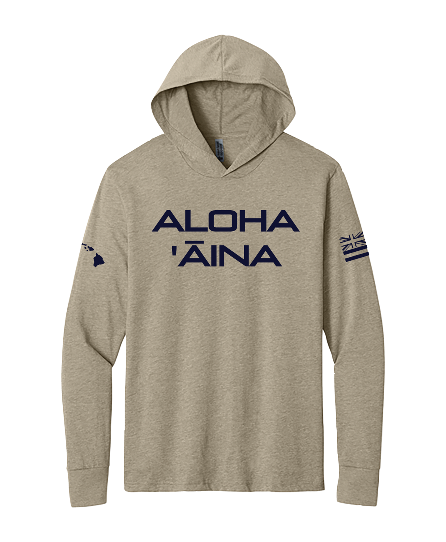 Aloha Aina Cotton Blend Hooded Long Sleeve Navy on Heathered Tan