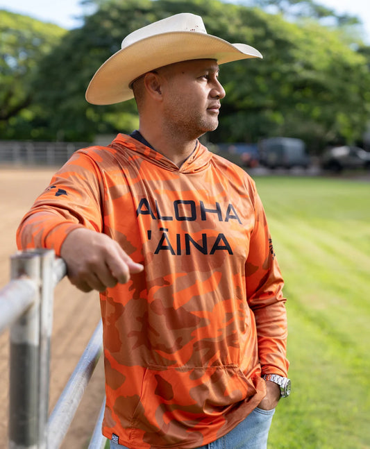 Aloha Aina Namoku Camo Hooded Long Sleeve Drifit Burnt Orange