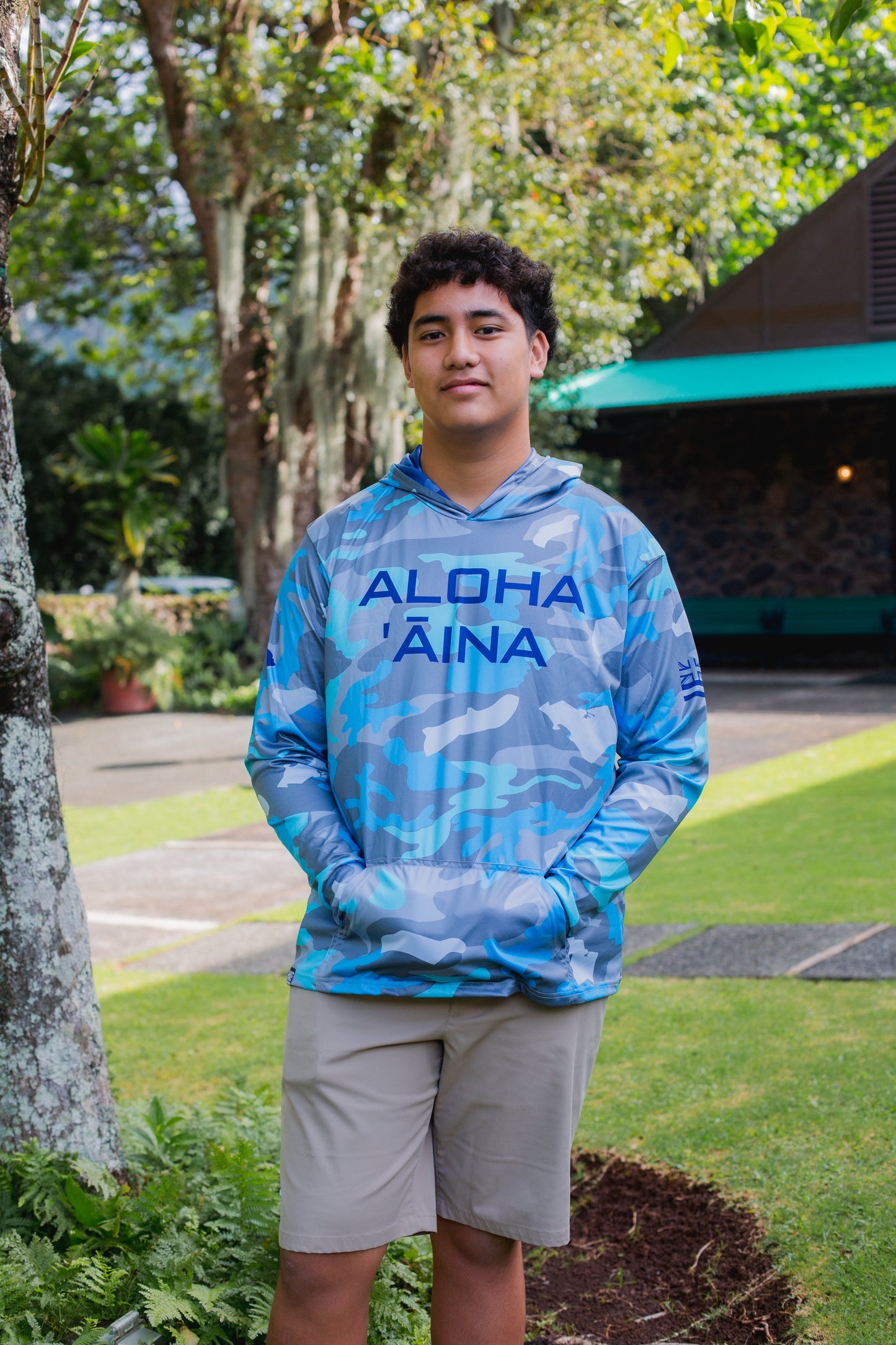 Aloha Aina Namoku Camo Hooded Long Sleeve Drifit Moana Blue
