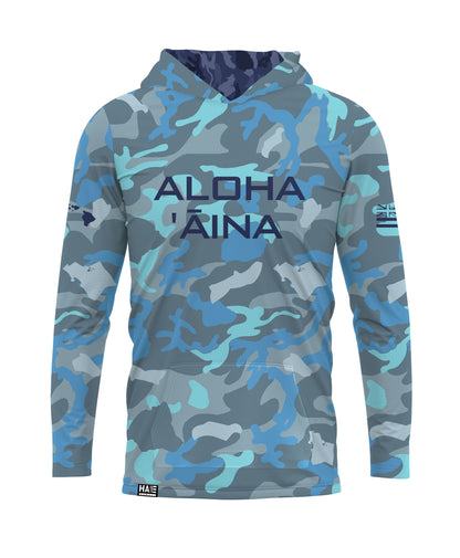 Aloha Aina Namoku Camo Hooded Long Sleeve Drifit Moana Blue