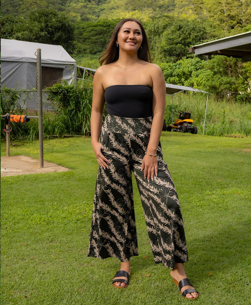 'Awapuhi Melemele Satin Palazzo Pants - Kī Green