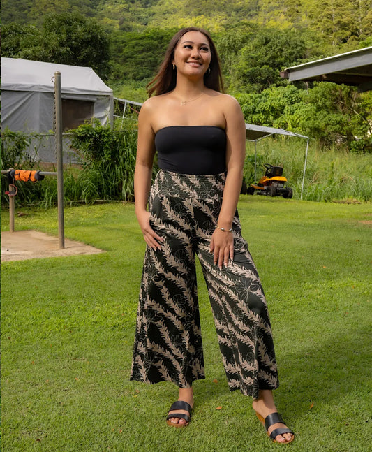 'Awapuhi Melemele Satin Palazzo Pants - Kī Green