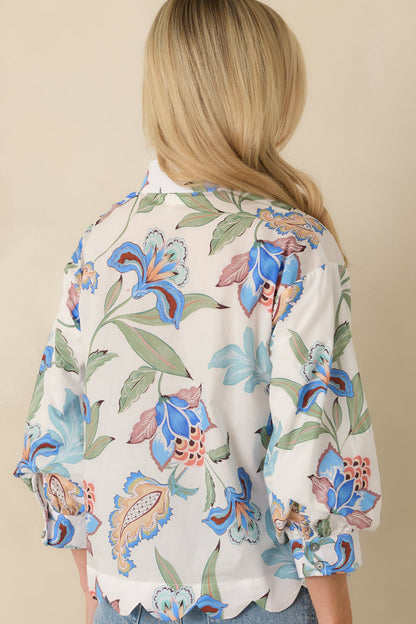 Petals in the Breeze Blue Multi Cotton Floral V-Neck Top