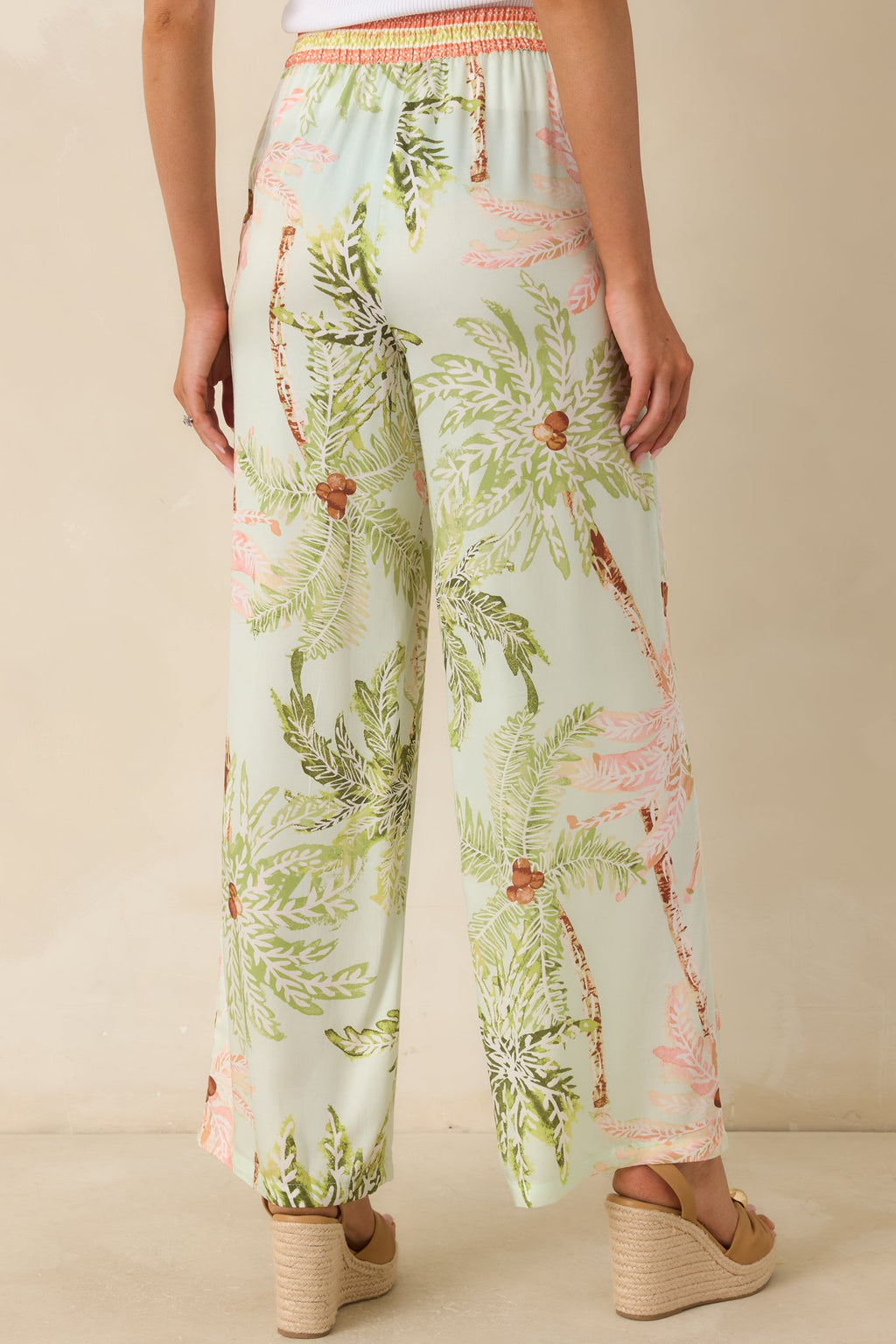 Palm Breeze Seafoam Green Palm Print Drawstring Pants