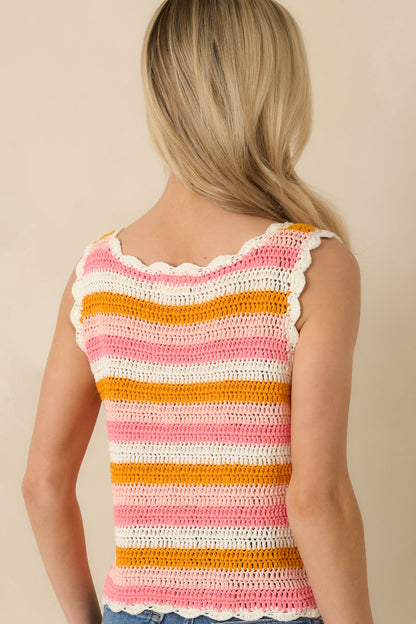 Sunkissed Sorbet Pink & Orange Stripe Crochet Knit Tank Top