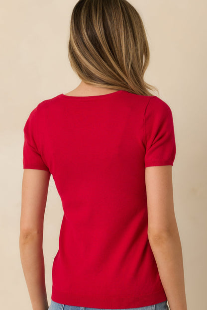 Cross Your Mind Red Short Sleeve Sweater Top