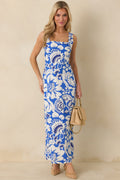 Along the Coast Blue & White Floral Pattern Linen Blend Sleeveless Maxi Dress