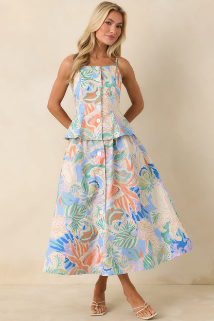 Summer Sketchbook Blue Multi Floral Button-Front Peplum Top