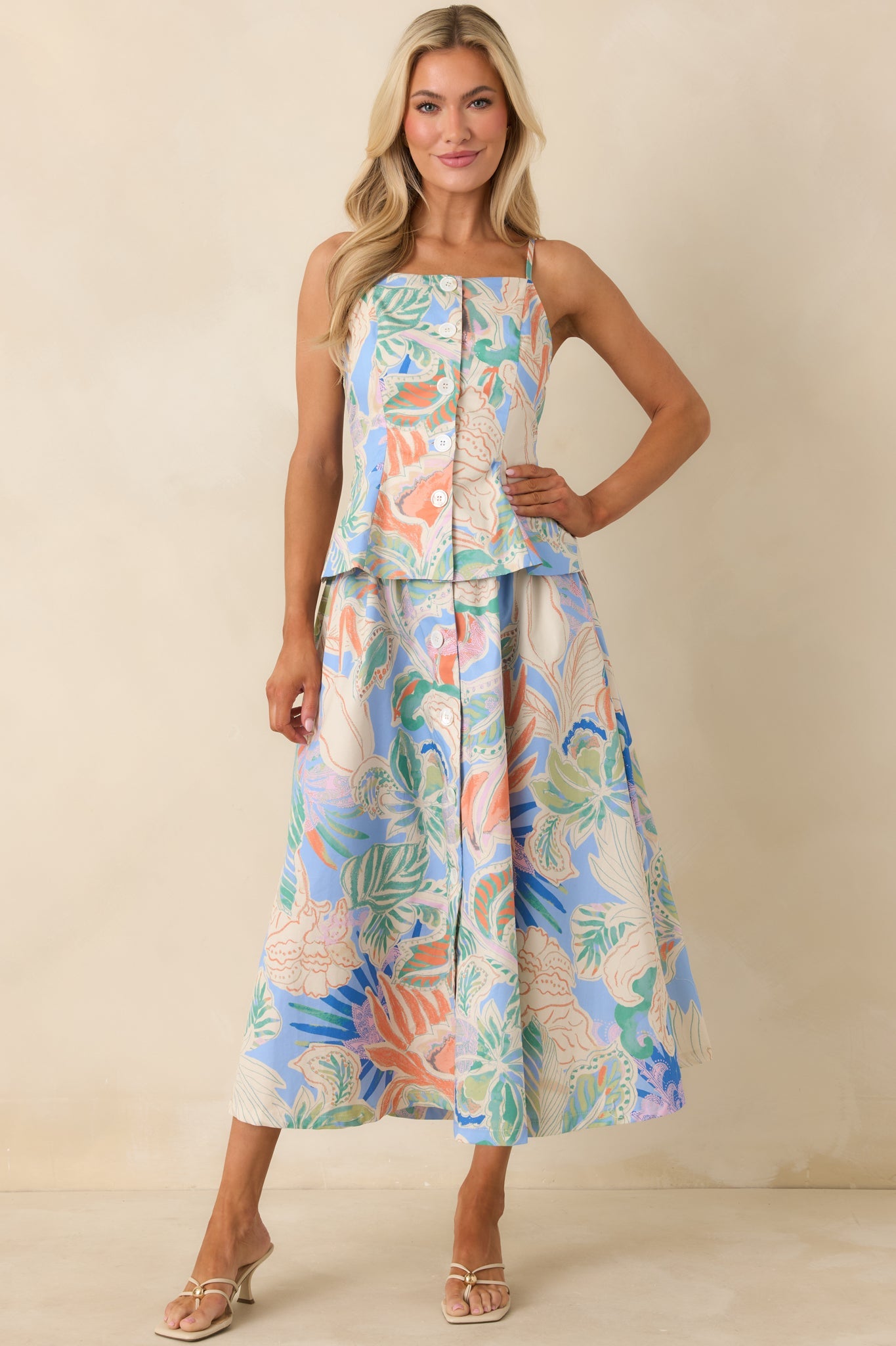 Summer Sketchbook Blue Multi Floral Button-Front Peplum Top