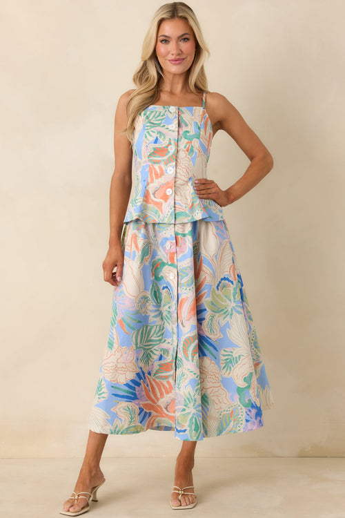 Summer Sketchbook Blue Multi Floral Button-Front Peplum Top