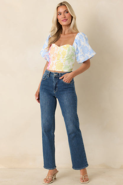 She’s a Rainbow Multi Floral Cotton Linen Cropped Top