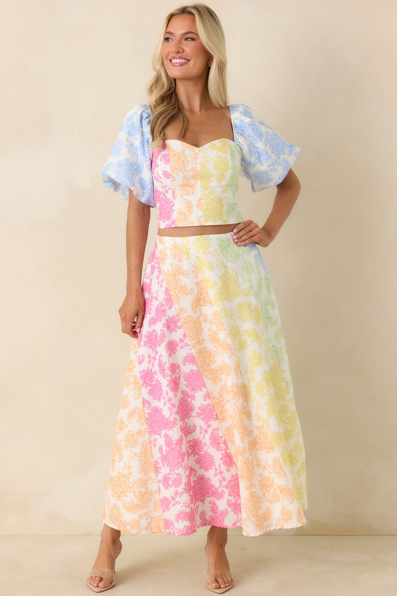 She’s a Rainbow Multi Floral Cotton Linen Midi Skirt