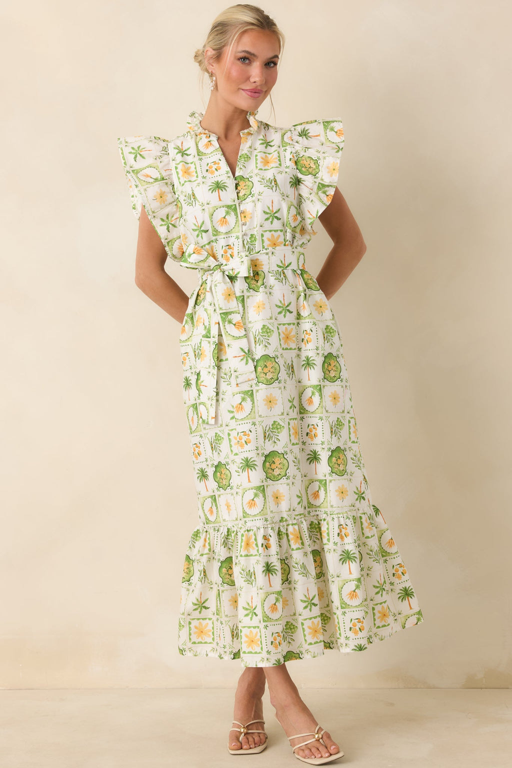 Somewhere Sunny Green Multi Cotton Ruffle Maxi Dress