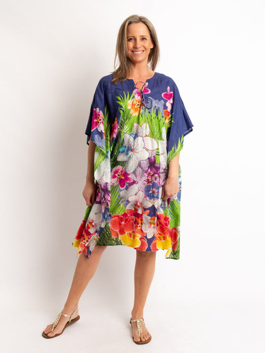 V-neck Dress Length Kaftan in Embroidered Blue Floral