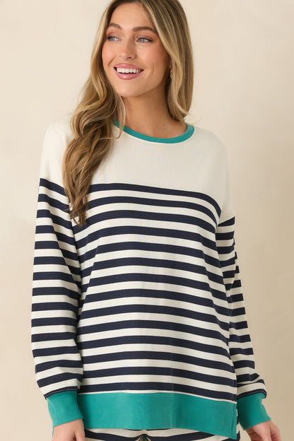 Z Supply Navy Cotton Blend Layer Up Stripe Sweatshirt