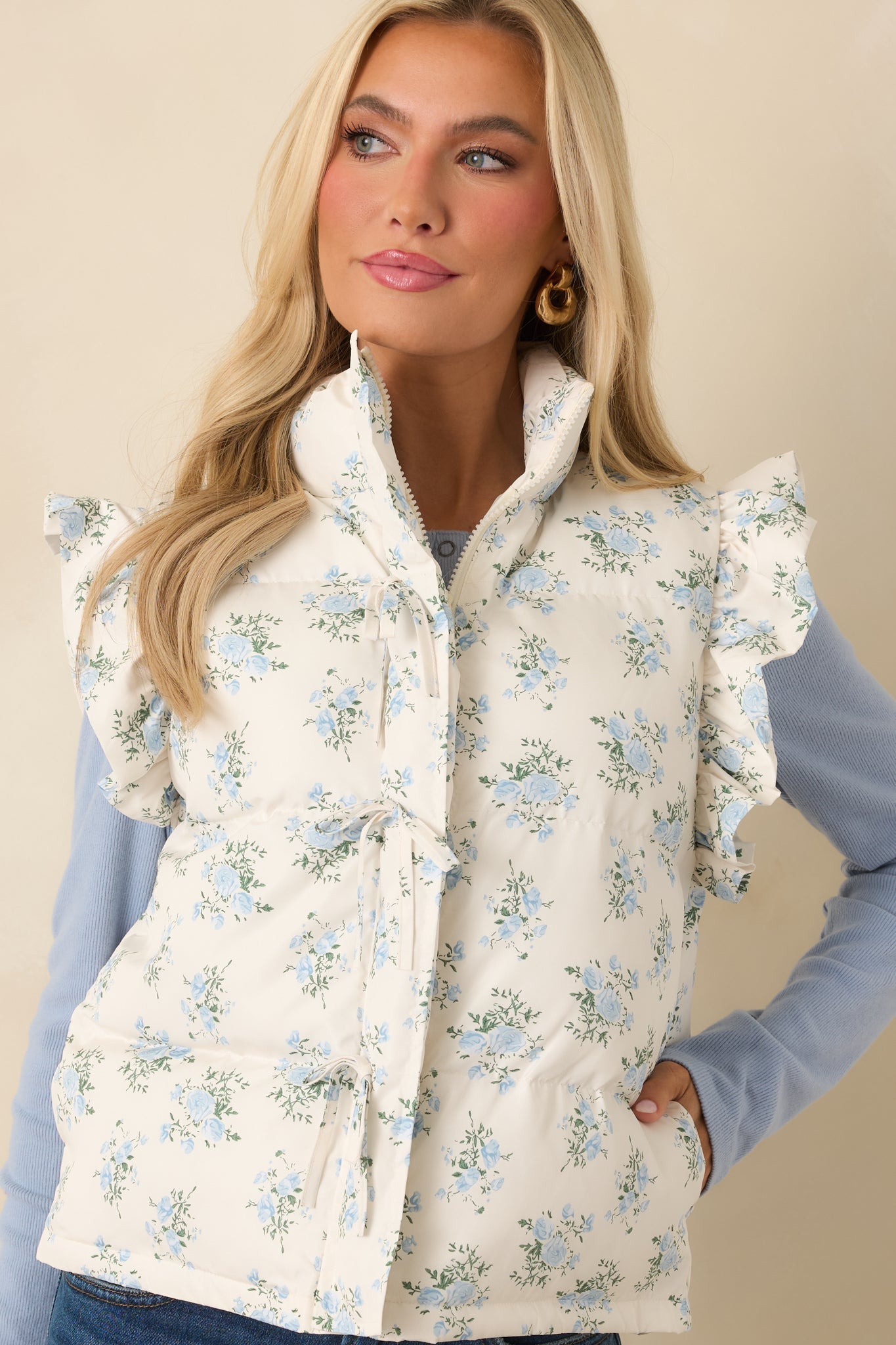 Glad You’re Here Ivory Multi Floral Pattern Puffer Vest