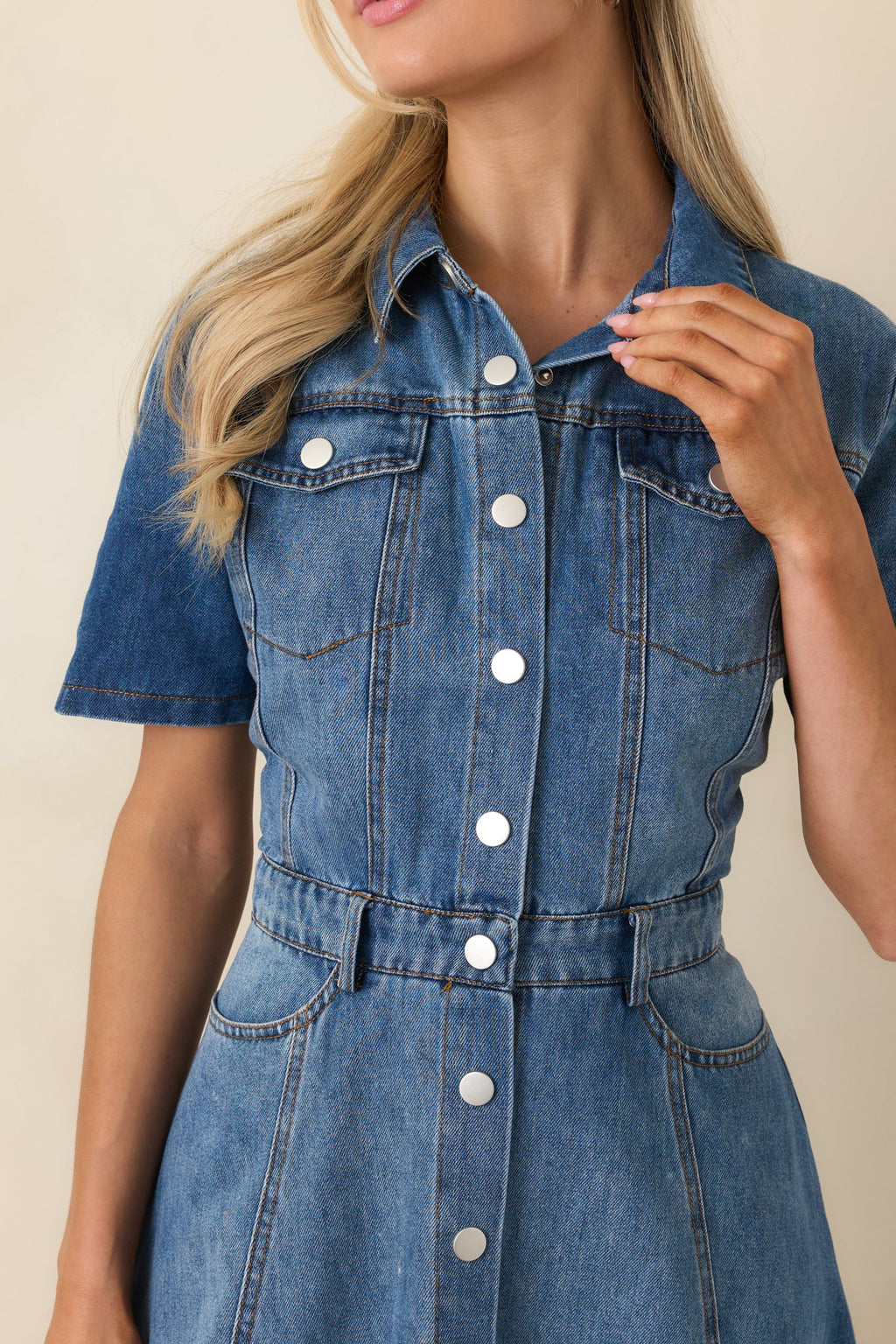 The Right Impression Medium Wash Cotton Denim Midi Dress