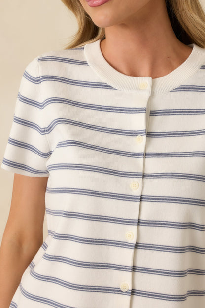 Casual Authority Navy Stripe Knit Button Front Short Sleeve Top
