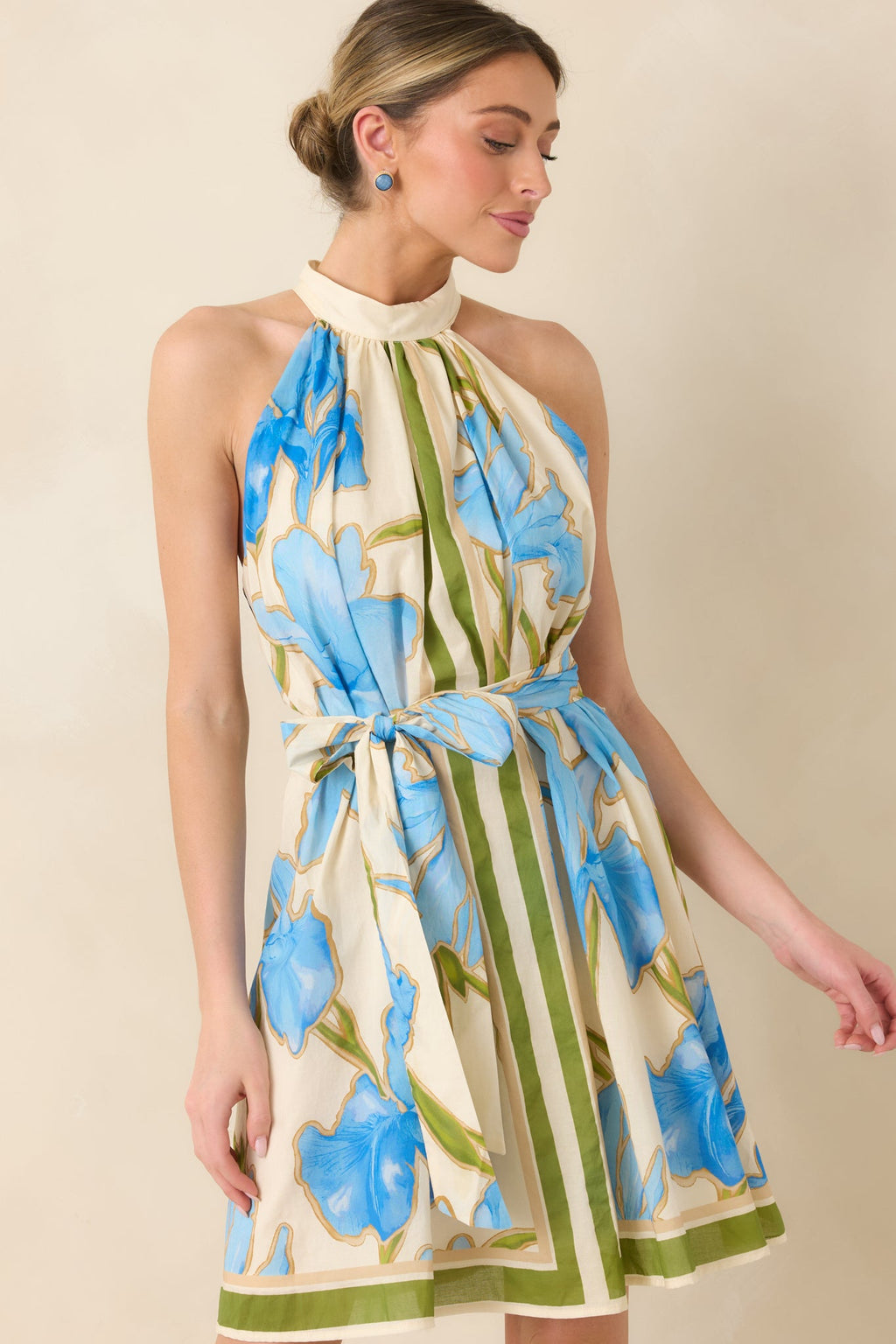 A Moment Like This Blue Multi Floral Cotton Halter Mini Dress