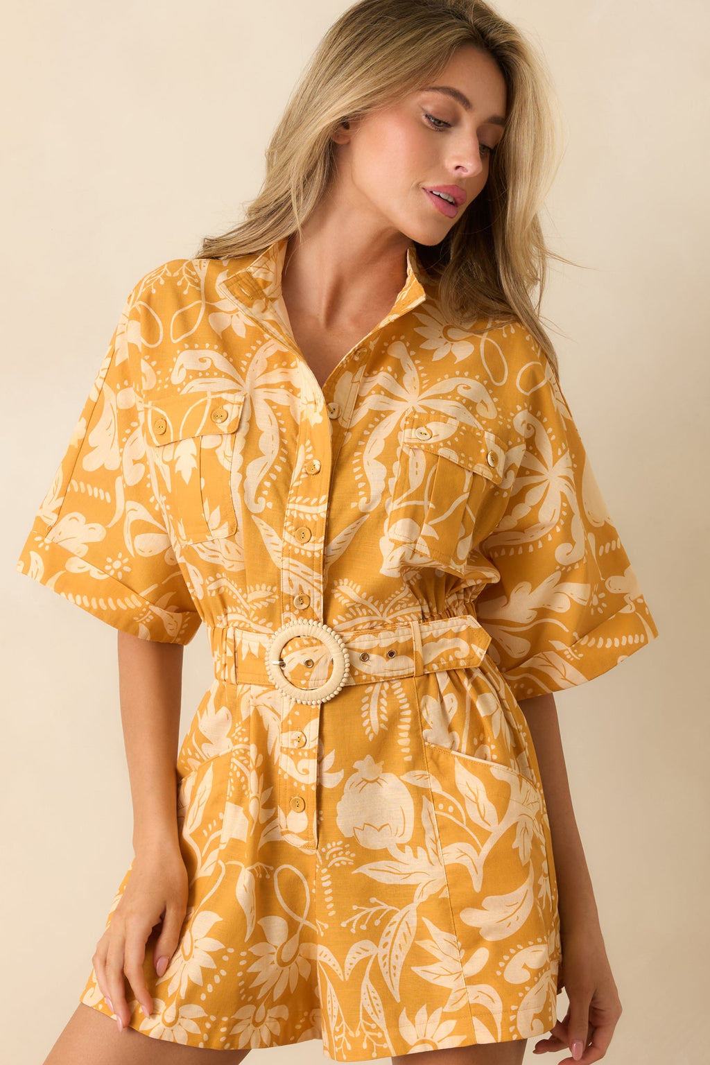 Paradisa Key Largo Marigold Tropical Damask Linen Blend Romper