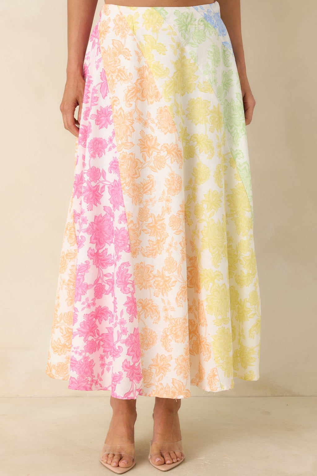 She’s a Rainbow Multi Floral Cotton Linen Midi Skirt