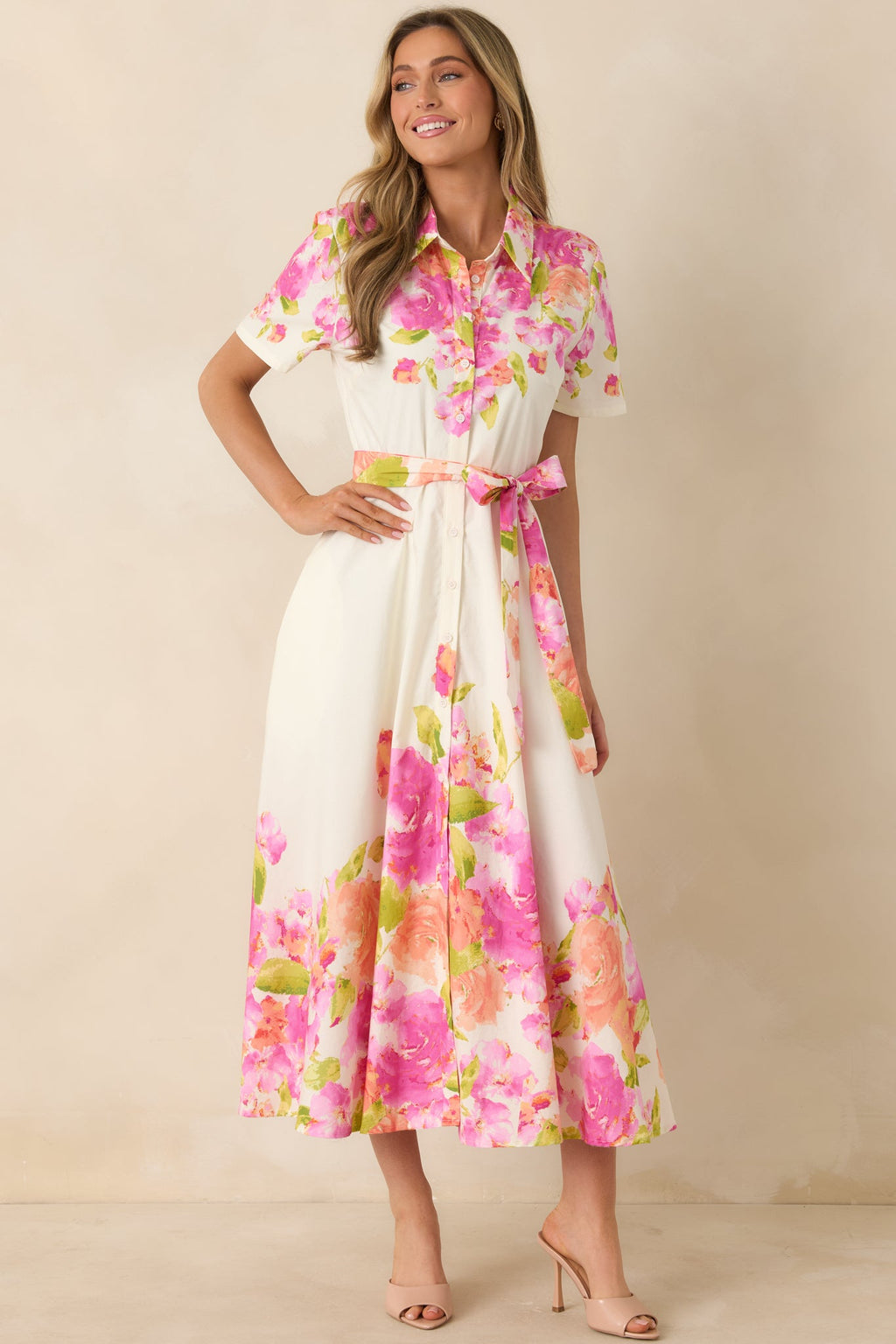 Rosy Outlook Pink Multi Floral Cotton Tie-Belt Midi Dress