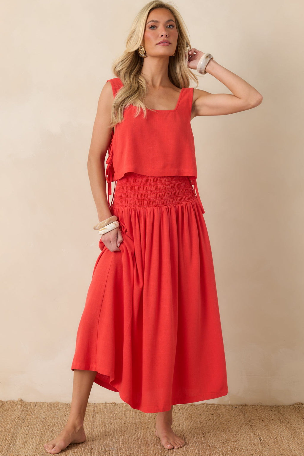 Paradisa Calista Sangria Red Linen Blend Side-Tie Crop Top