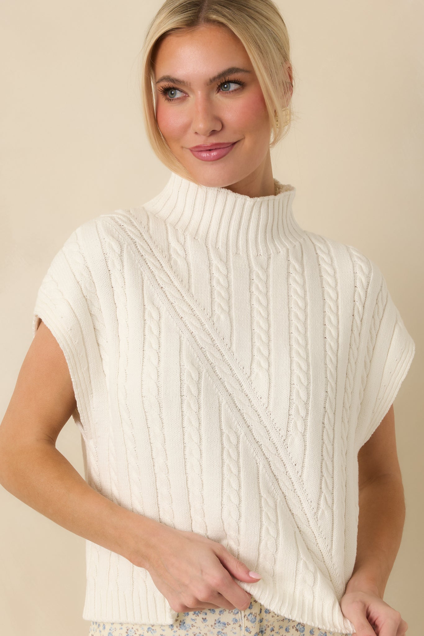 I'm Sure of It Ivory Cable Knit Sleeveless Mock Neck Sweater