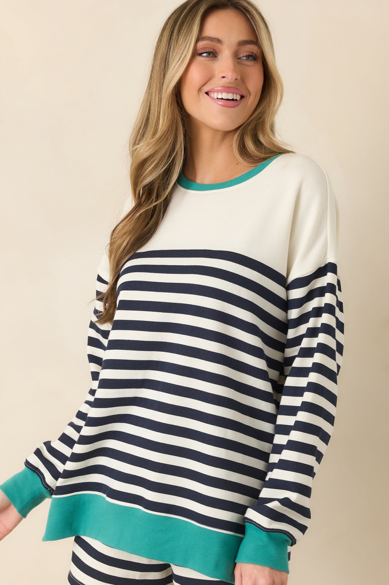 Z Supply Navy Cotton Blend Layer Up Stripe Sweatshirt