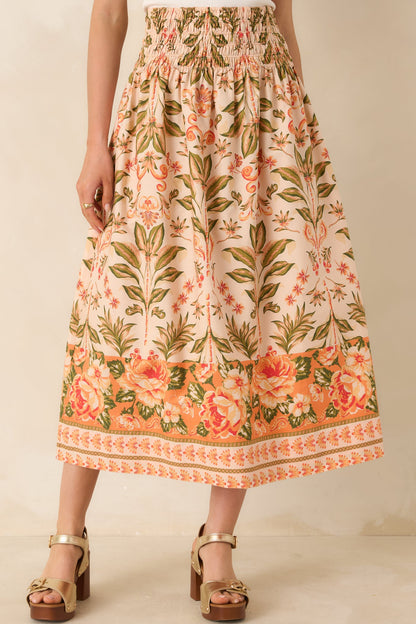 Bloom With Me Peach & Meadow Green Floral Cotton Midi Skirt