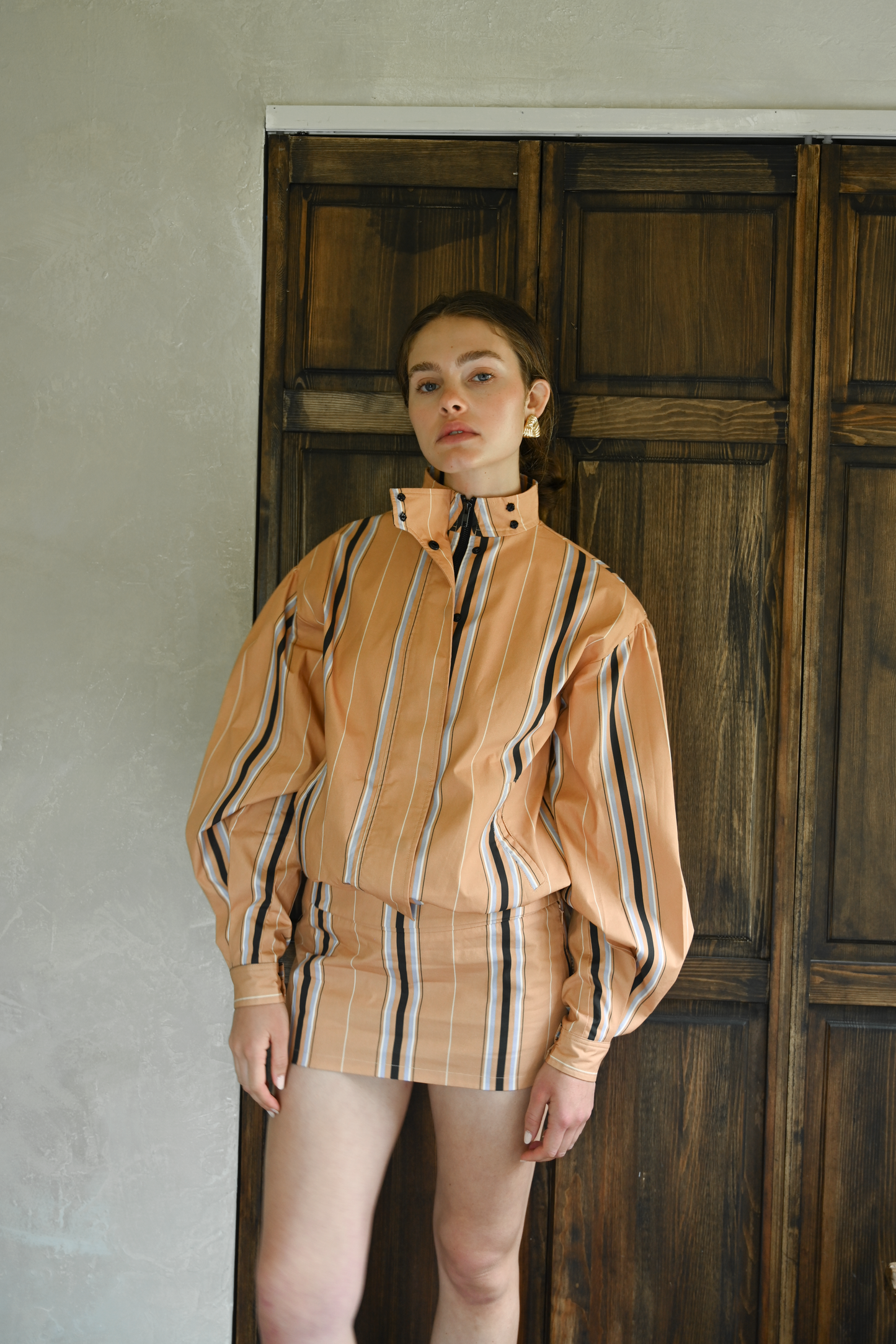 Stacy Cotton Boxy Jacket — Camel Striped