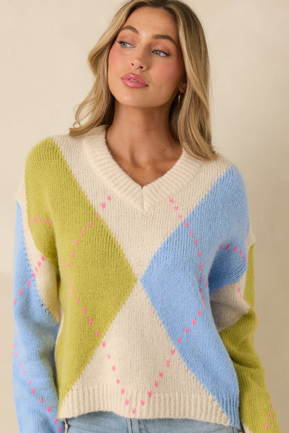Can't Go Wrong Green & Blue Knit Argyle V-Neck Sweater