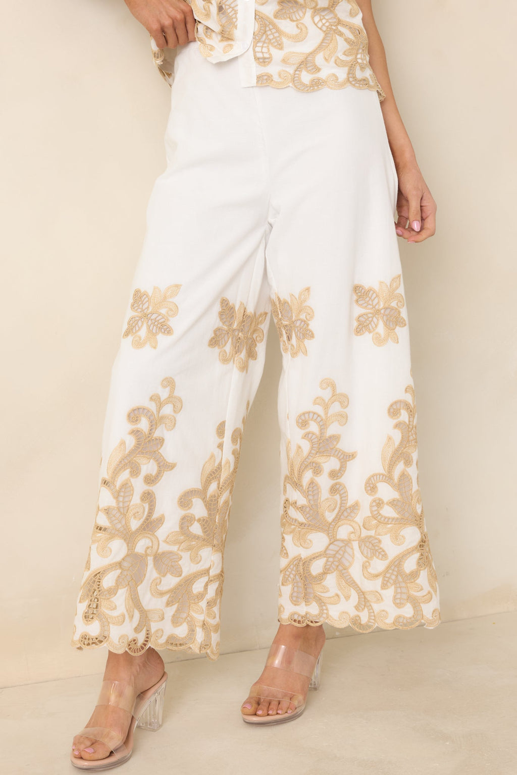 Kiss Me in Champagne Ivory Cotton Lace Applique Wide Leg Pants