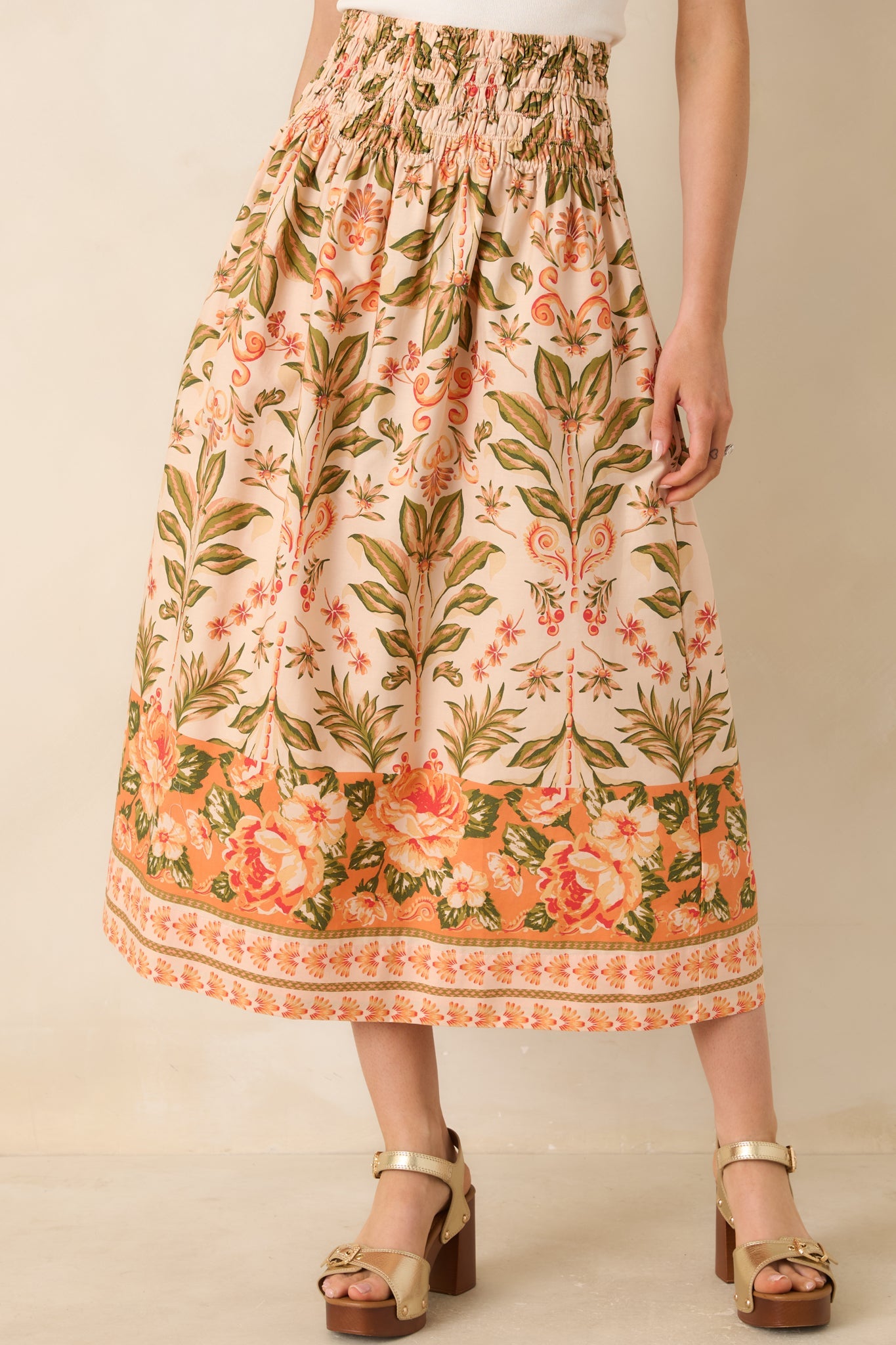 Bloom With Me Peach & Meadow Green Floral Cotton Midi Skirt