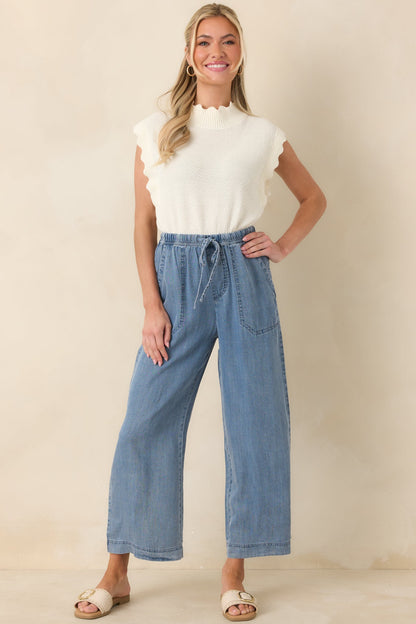 Wherever You’re Going Medium Wash Denim Wide Leg Drawstring Pants