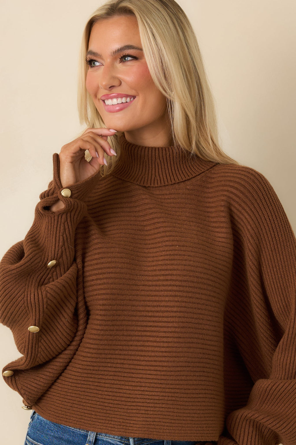 Polished Path Brown Ribbed Batwing Cropped Turtleneck Sweater
