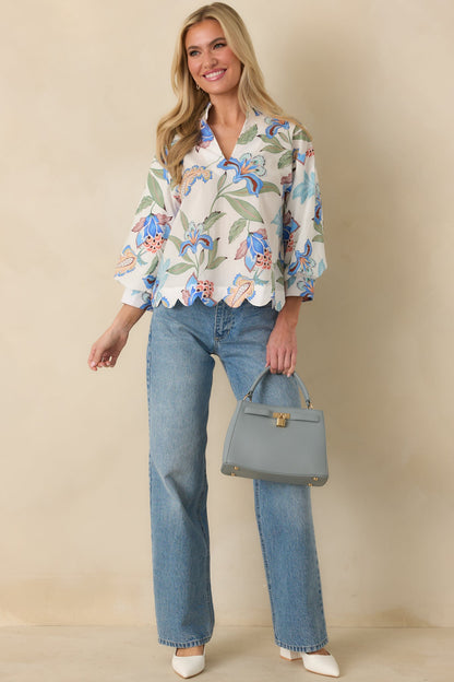 Petals in the Breeze Blue Multi Cotton Floral V-Neck Top