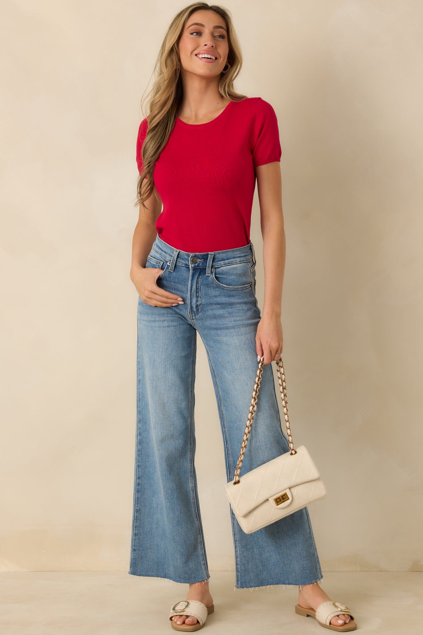 Cross Your Mind Red Short Sleeve Sweater Top
