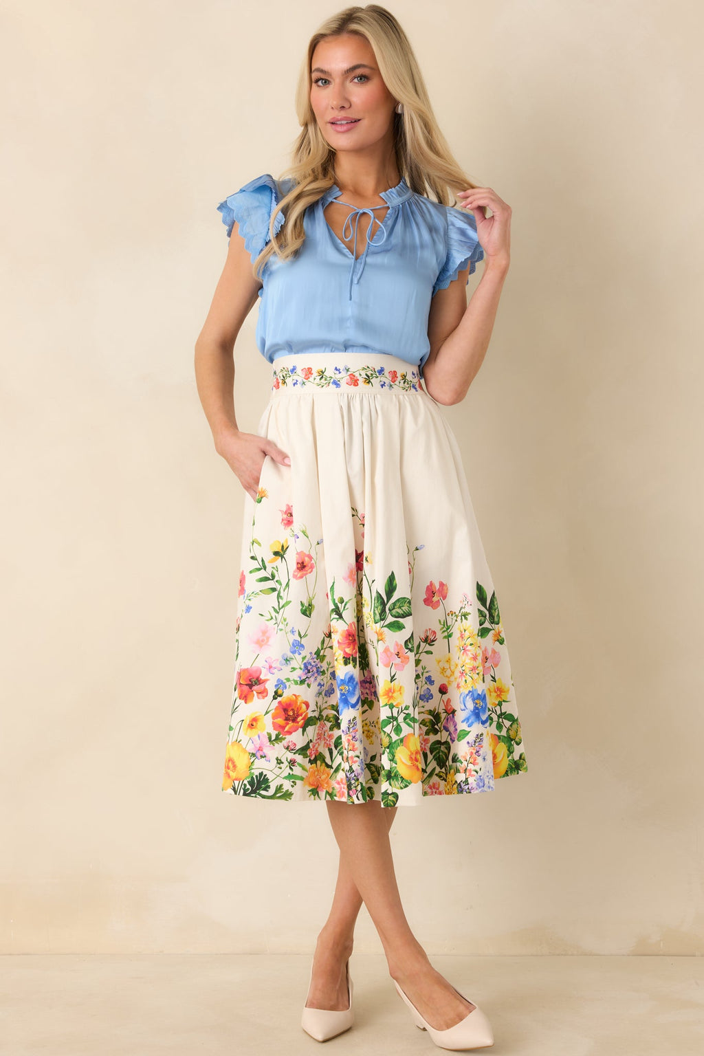 A Beautiful Arrangement Ivory Multi Floral Cotton Midi Skirt