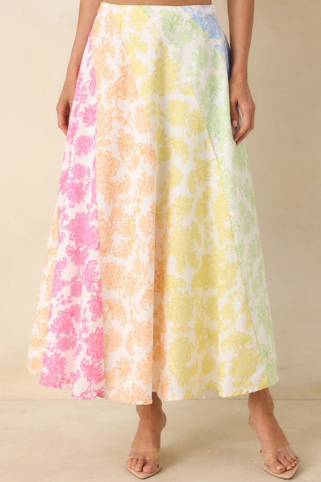 She’s a Rainbow Multi Floral Cotton Linen Midi Skirt