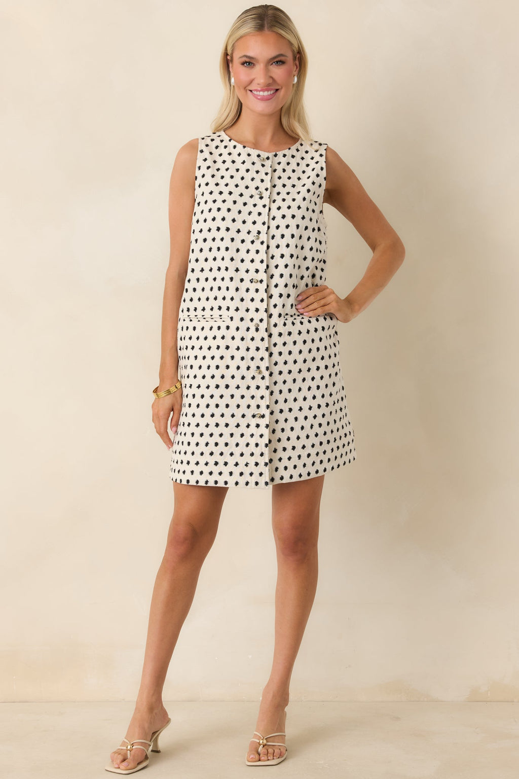 FRNCH Tamarinia Ivory & Black Cotton Linen Sleeveless Mini Dress