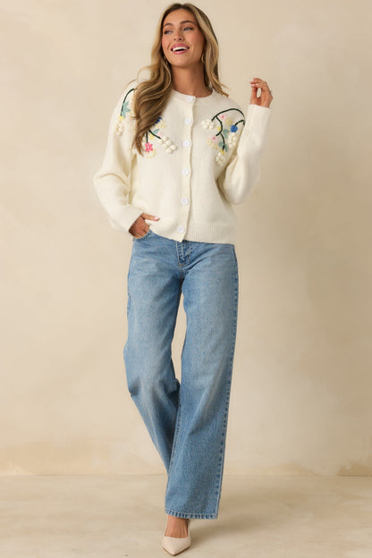 Where the Wildflowers Are Ivory Multi Knit Floral Embroidered Cardigan Sweater