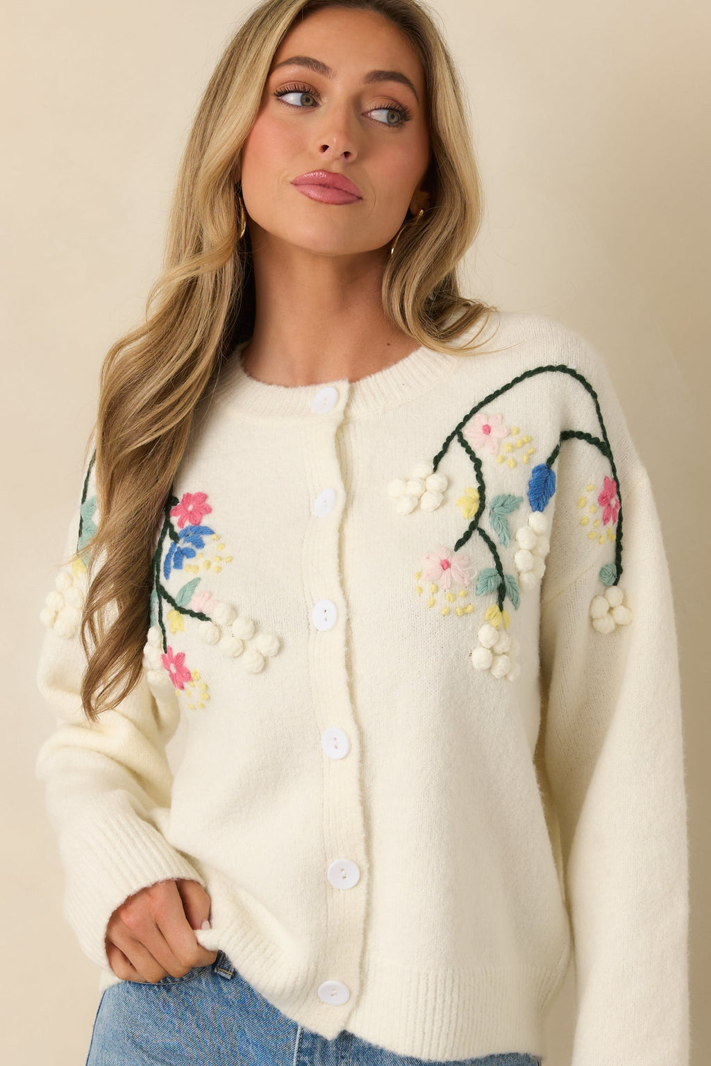 Where the Wildflowers Are Ivory Multi Knit Floral Embroidered Cardigan Sweater