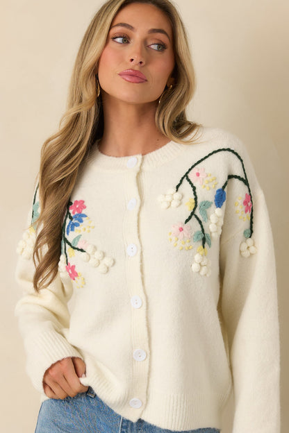 Where the Wildflowers Are Ivory Multi Knit Floral Embroidered Cardigan Sweater
